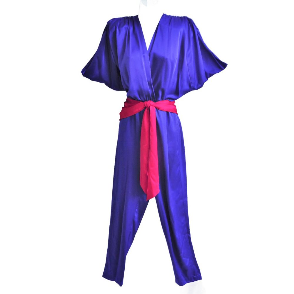 Vintage Liquid Satin Jumpsuit Purple Red Ruched Shoulders Tapered Disco